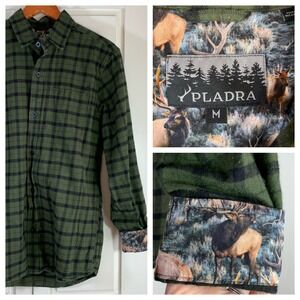 Pladra Mens Olive Green Plaid Flannel Shirt Elk Print Cuffs Size Medium